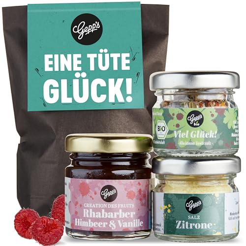 Gepp's Feinkost Wundertüte Eine Tüte Glück I Geschenkset mit Mini Zitronensalz, Konfitüre & Alleskönner Gewürz I Viel Erfolg Geschenkidee & Glückbringer für Prüfung, Geschenk für die Abi-Prüfung