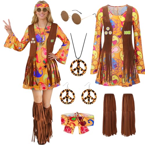 TOLOYE Hippie Kostüm Damen, 70er Jahre Bekleidung Damen mit Hippie Kleid Hippie Weste Hippie Accessoires, Kostüm Damen Fasching, 60er 70er Jahre Kostüm Hippie Kleidung für Karneval Cosplay Party (XL)