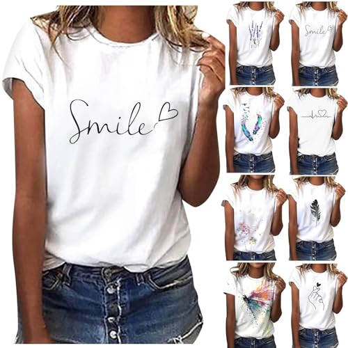 Sommer T-Shirt Damen Basic T Shirt Bedrucken Rundhalsausschnitt Weiß Oberteile Baumwolle Casual Damen Locker Kurzarm Bluse Tops Sportshirt 0