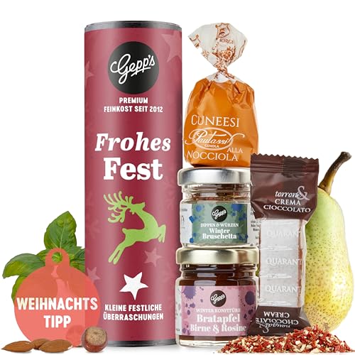 Gepp’s Feinkost Weihnachts-Geschenk „Mini Frohes Fest“ I Geschenkset Weihnachten mit winterlich-süßen Delikatessen I Mit Bratapfel Konfitüre, Winter Bruschetta, Dark Nougat & Cuneesi Nocciola