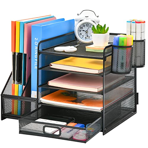 Marbrasse Schreibtisch Organizer mit Aktenhalter,5Tier Briefablage Ablagefächer mit Schublade,2 Stifthalter, Netz Schreibtisch Ablage Zeitschriftenhalter für Büro Bedarf Dokumentenablage(Schwarz)