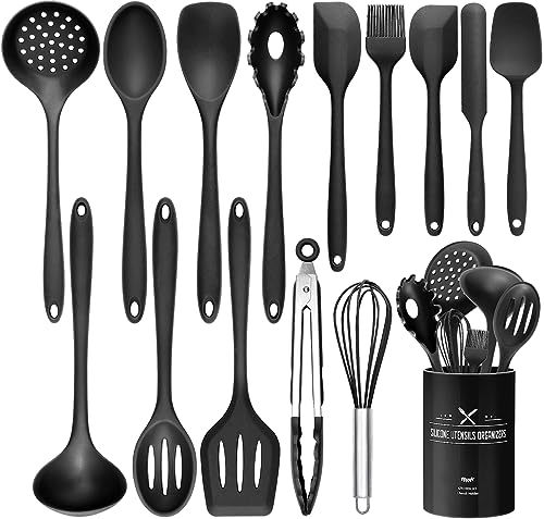 15 Stücke Küchen Kochutensilien Set, Silikon Küchenhelfer Set mit Utensilienhalter, Hitzebeständiger Kochbesteck Set, Spülmaschinenfest, Antihaftbeschichtete (Schwarz)