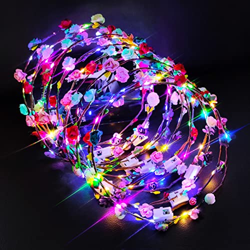 LED Blumenkranz Stirnband 12PCS - Garland Leucht Bunt Kopfbedeckung Floral Tiara Haarschmuck, Festival Geburtstag Weihnachten Party Hochzeit Dekor Blumenkranz Kopfschmuck