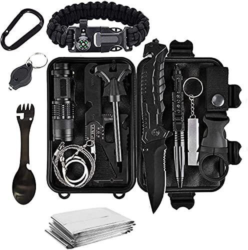 Tradista Survival Kit 15 in 1 - Außen Notfall Survival Kit mit Messer/Taktische Taschenlampe für Camping/Bushcraft/Wandern/Jagden/Outdoor Abenteuer, Schwarz