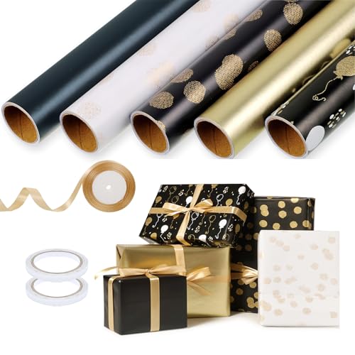 5 Rollen Geschenkpapier Set, 3m x 43cm Geschenkpapier Gold Schwarz Geschenkpapier Geburtstag Weihnachtsgeschenkpapier Dunkeltürkisblau mit Schleifenband für Weihnachten Hochzeit