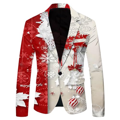 Weihnachtsjacke Herren Modern Weihnachten Sakko Herren Bedruckte Langarm Sportlich Freizeit Sakko Anzugjacke Xmas Kostüm Slim Fit Lässiger Urlaubsblazer Festliches Outfit Weihnachtsanzug M2024