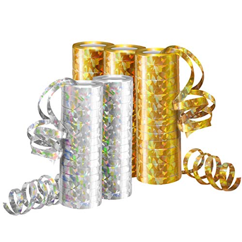 Silvester Deko 2025 – Luftschlangen Metallic Gold & Silber, Party Deko - 5 Rollen mit 18 Glitzernden Luftschlangen für Geburtstag –5STK–