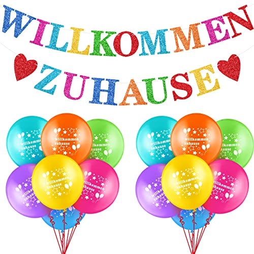 Zomiboo Willkommen Zuhause Deko Willkommen Zuhause Banner Girlande Set mit 14 Stück Luftballons und Rotem Band für Hochzeit Festival Familie Einweihung Party Dekoration Geburtstag (Bunt)