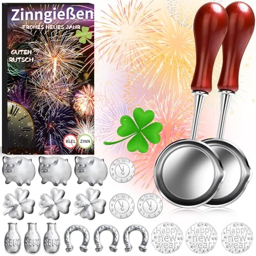 20 Teiliges Zinngießen Set, mit 18 Stück Zinngießen und 2 Löffeln für Silvester Wahrsagerei, Zinn Giessen, Gesunde Alternative zum Bleigießen für Partyspiel Silvester Geschenke Neujahrsgeschenke