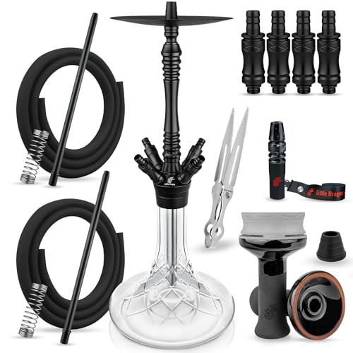 Shisha Set Komplett XXL Paket - Shisha 4 Anschlüsse mit grandiosem Durchzug & angenehmen Rauchverhalten - Edle Wasserpfeife 82cm aus eloxiertem Alu + Klick System inkl Premium Shisha Zubehör