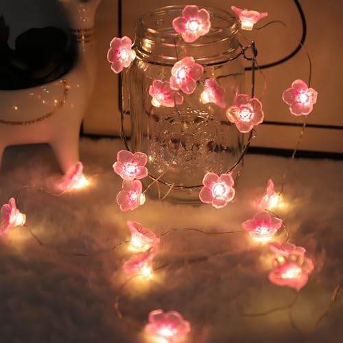 Auting LED Lichterkette Kirschblüten deko, 2M lichterkette blumen Girlande mit 20 LED-Licht Batterie mit Timing-Funktion, lichterkette frühling deko für Innen, Garten Bäume,Terrasse Deko, 1 Stück