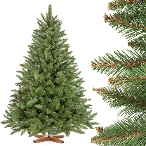 FairyTrees Weihnachtsbaum künstlich 150cm FICHTE Natur mit Christbaum Holzständer | Tannenbaum künstlich mit grünem Stamm | Made in EU