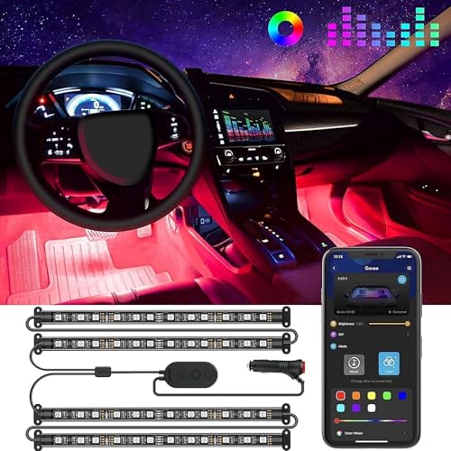 Govee RGB LED Innenbeleuchtung Auto, 4pcs 48 Strip, Upgrade Zwei-Linien-Design, Wasserdicht APP Steuerbare Mehrfarbig Musik mit Zigarettenanzünder,12V