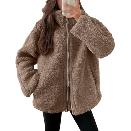 Generisch Black Friday Angebote 2024 AB Wann Teddyjacke Damen Winter Teddyfleece Jacke Doppelschieber Reißverschluss Winterjacke Thermal Teddy Wintermantel Einfarbig Revers Fleecejacke Flauschig