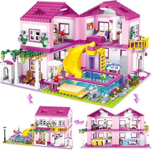 QLT QIAOLETONG Friends Pink Sommer Villa Klemmbausteinen Haus Konstruktionsspielzeug?Friends Mädchen Haus Geschenk für Mädchen 8–18 und Erwachsene Liebhaber von Baust 1523PCS