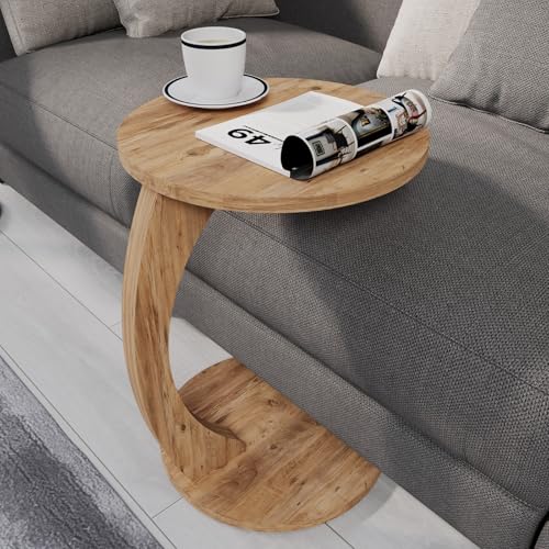 sugodesign Couchtisch mit Rollen, Kleiner Beistelltisch C Form, stylischer Sofatisch in schöner Nussbaum Holz Optik, runder Tisch als Ablagefläche für Couch und Sofa