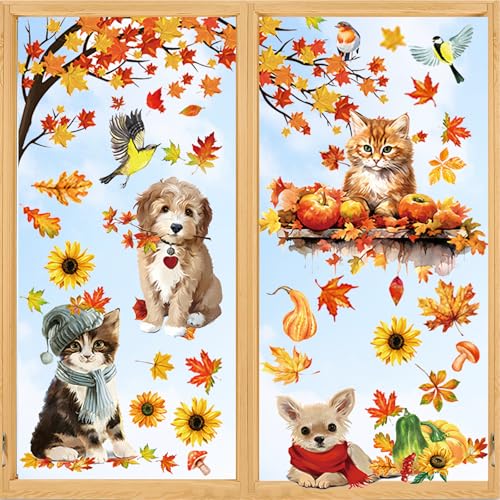 EOAMGO 93 Stück Fensterbilder Herbst Selbstklebend Wiederverwendbar, Fensteraufkleber Herbst, Erntedankfest Fensterbild Herbst Deko, Kinder Herbst Fenster Sticker Deko, Fensterfolie Herbst Dekoration