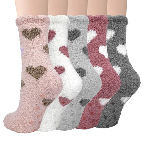 Kotashion Flauschige Hausschuhsocken für Damen und Mädchen, 5 Paar Warme Gemütliche Wintersocken, Rutschfeste Flauschsocken mit Noppen Thermosocken für den Winter Schlafen zu Hause