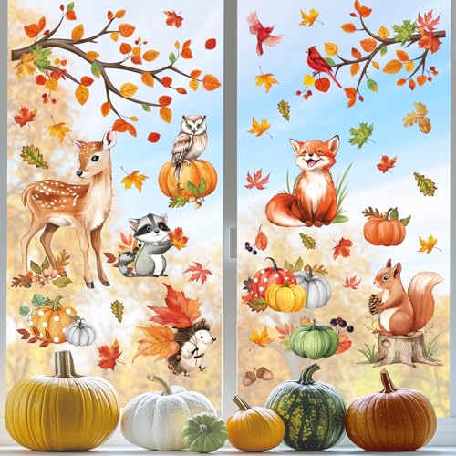 decalmile Fensterbilder Kinderzimmer Herbst Fensteraufkleber Herbst Ahornblätter Kürbis Waldtiere Fenster Wiederverwendbar Fenstersticker Herbst Glas Herbstdeko Aufkleber