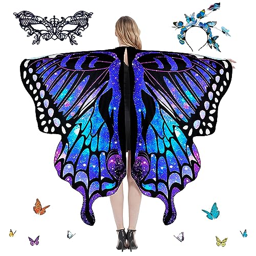 Schmetterling Umhang Damen,Damen Schmetterling Kostüm Umhang mit Schmetterling Haarreif,Schmetterlingsflügel,Damen Spitze Maske Bunter Schmetterling Umhang,für Halloween Fasching Party Cosplay