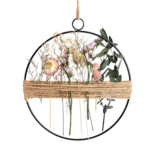 Trockenblumen Kranz 25cm Blumenkranz Deko,Hängende Boho Türkranz Blumenkranz Metallring mit Trockenblumen,DIY Natur Trockenblumenkranz Ring für Wohnzimmer Wand Tür Dekoration