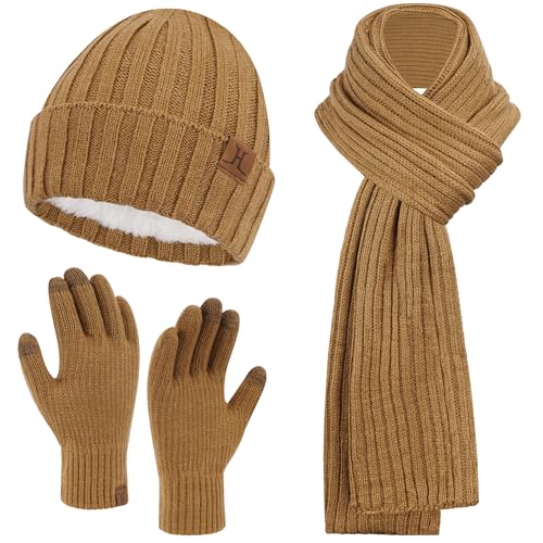 ZASFOU Herren Winter Mütze Schal Touchscreen Handschuhe Set Thermo Beanie Wintermütze Strickmütze Winterschal Winterhandschuhe Geschenk für Männer