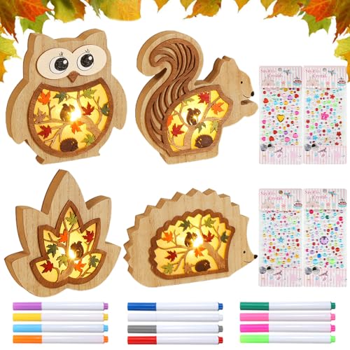 4 Stück LED-Stimmungsleuchten Herbst,Herbst Deko Leuchten aus Holz,Herbst Holz Ornament,Hölz Herbst Dekoration Lampe,Herbstdeko Lampe,Fall Decor Tisch Fenster für Party Erntedankfest Innen Deko