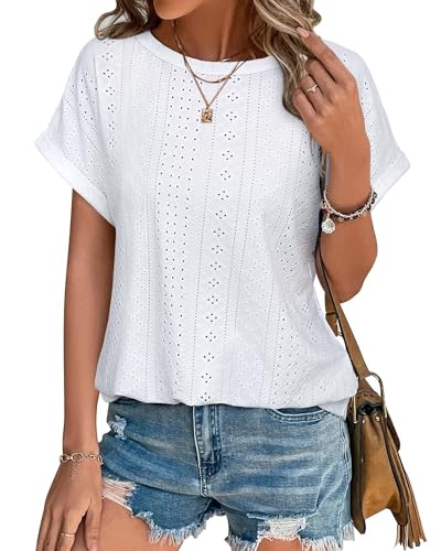 Bodhi talk Sommer Outfits Damen: Damen Blusenshirt Kurzarm Sommer - Ausgehöhlte Elegant Sommer Top mit Rundhals - Sommer Kurzärmeliges Oberteil Locker Casual Mode Shirt