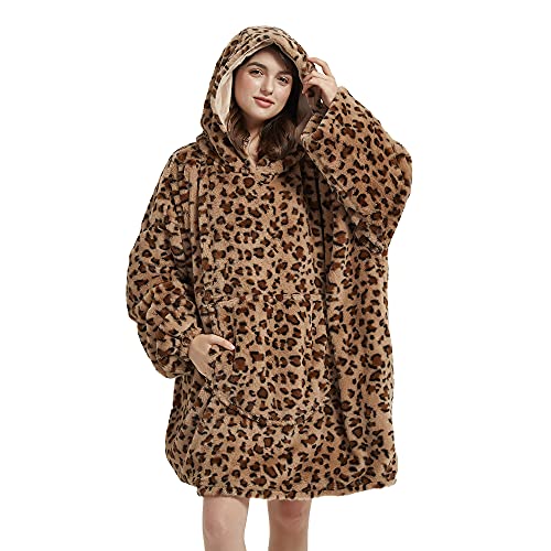 Viviland Oversized Hoodie Fuzzy Blanket Sweatshirt, Super weicher Warmer bequemer Riesenpullover mit großer Fronttasche, Geschenke für Frauen Männer Teenager Kinder, Gepard Print Braun