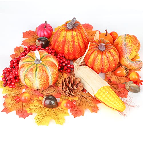 HAKACC Künstliche Früchte Set, 49 Stück Erntefrüchte Künstlichen Ahornblättern Gefälschte Kürbisse Tannenzapfen Eicheln für Halloween Thanksgiving-Dekorationen