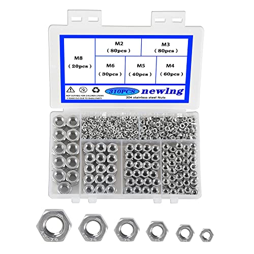 newlng M2 M3 M4 M5 M6 M8 Muttern Sechskantmutter 310 Stück DIN 934 / ISO 4032 Edelstahl 304 Sicherungsmutter Selbstsichernde Sechskantmutter für Schrauben und Unterlegscheiben Set