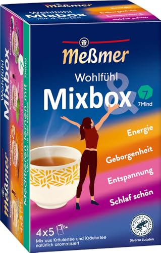 Meßmer Wohlfühltee Mixbox | 20 Teebeutel | 5x Energie | 5x Geborgenheit | 5x Entspannung | 5x Schlaf schön | ein Mix aus Kräutertees der Meßmer Wohlfühlrange