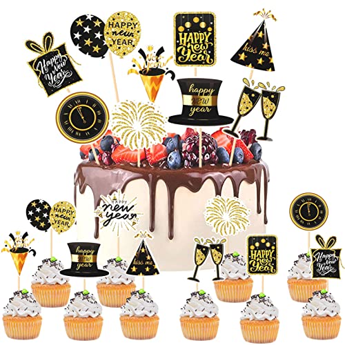 HOWAF Silvester Deko 2025 Tortendeko Silvester Cupcake Topper Neujahr Cake Topper Frohes Neues Jahr Cupcake Topper Muffin Kuchen Deko für Silvesterparty Silvesterdekoration Neujahr Deko 2025, 20 Stück