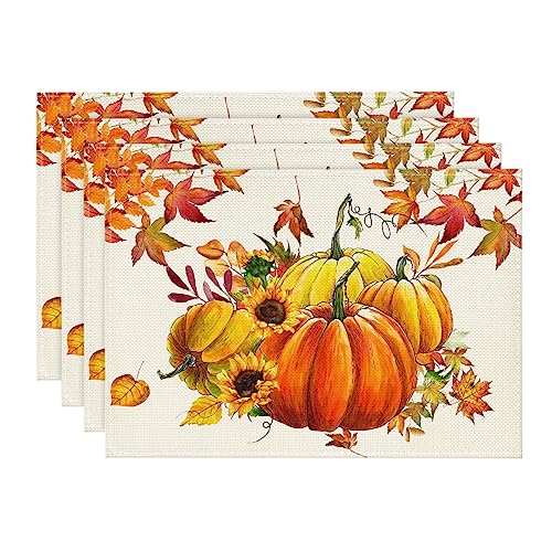 Artoid Mode Kürbisse Ahornblätter Sonnenblumen Herbst Platzsets 4er Set, 30x45cm Urlaub Tischsets Waschbar Platzdeckchen Küche Party Deko