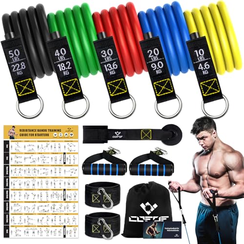 COFOF Widerstandsbänder Set, 5 Fitnessbänder Expander Tube Bands, Fitnessband mit Großem Griff Knöchelriemen Türankerbefestigung Tragtasche, Ideal für Pilates Krafttraining Physiotherapie