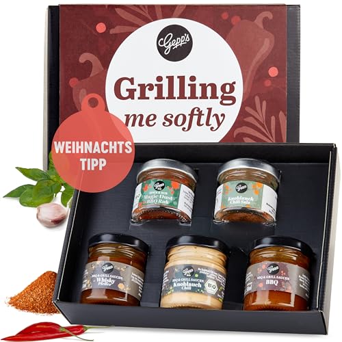 Gepp's Feinkost „Grilling me softly“ mit Gewürzen & BBQ Saucen I Mini Grillgeschenk für Männer I Geschenk mit Spezialitäten wie Magic Spice Gewürz & Whiskey Pfeffer Sauce I Weihnachts-Geschenk