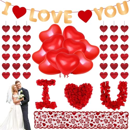 Valentinstag Dekoration Set, Rot Romantische Deko, 1000 Rosenblätter Love Luftballons Herzen hängende Girlande Liebe Dich Banner und Tischläufer aus Roter Spitze für Valentinstag Hochzeit Deko