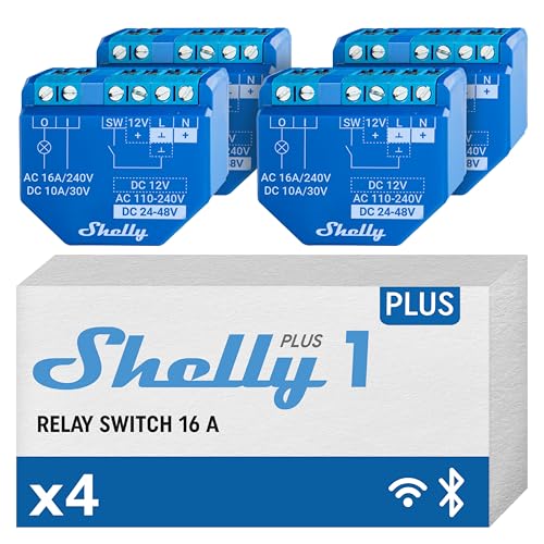 Shelly Plus 1 | Wlan & Bluetooth Smart Relais Schalter | Hausautomation | Alexa & Google Home kompatibel | iOS Android App Kein Hub nötig Beleuchtungssteuerung DIY Fernsteuerung Garagentor (4 Pack)