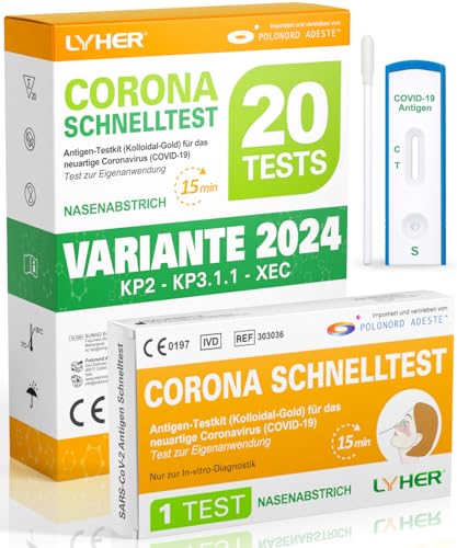 Adeste – NEUE Variante 20 x 1er Corona Schnelltest für Zuhause COVID 19 Antigen Rapid Test Swab Selbsttest. Geprüft für neuen 2024-Varianten. Sensibilität 100% bei hoher Viruslast