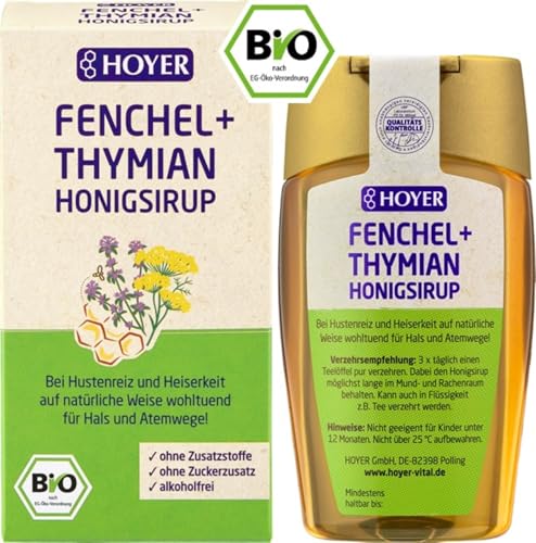 HOYER Fenchel & Thymian Honigsirup Bio - Wohltuend bei Husten & Heiserkeit - Sirup aus Honig, Fenchelöl & Thymianöl - 250 g Dosierspender