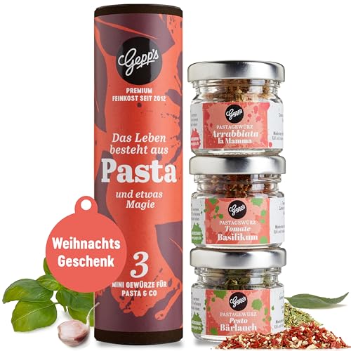 Gepp’s Feinkost Geschenkset Pastagewürze zu Weihnachten I Italienische Kräuter Gewürze Set für Pasta Gerichte & Mediterranes I Arrabbiata, Bärlauch & Tomate-Basilikum I Gewürzbox