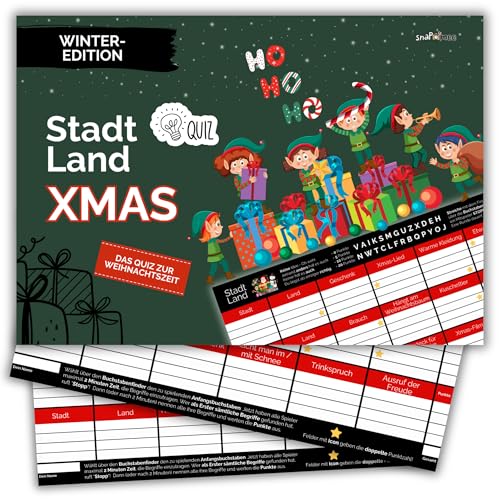 Stadt Land Xmas by snaPmee - Ratespiel Weihnachten, Geschenk Nikolaus - Familienspiel + Partyspiel - 50 Blatt Din-A4