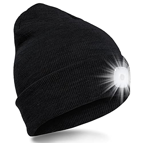 SPGOOD LED Beanie Beleuchtete Mütze mit Licht,Wiederaufladbare USB Winter Warm LED Mütze mit Licht,Lampe Laufmütze für Angeln,Jogger,Camping,Laufen(Schwarz)