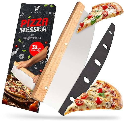 Villkin Pizzamesser mit 32cm Klinge - Scharfer Pizzaschneider aus Edelstahl mit Holzgriff - Großes Wiegemesser effektiver als Pizzaroller (Groß)