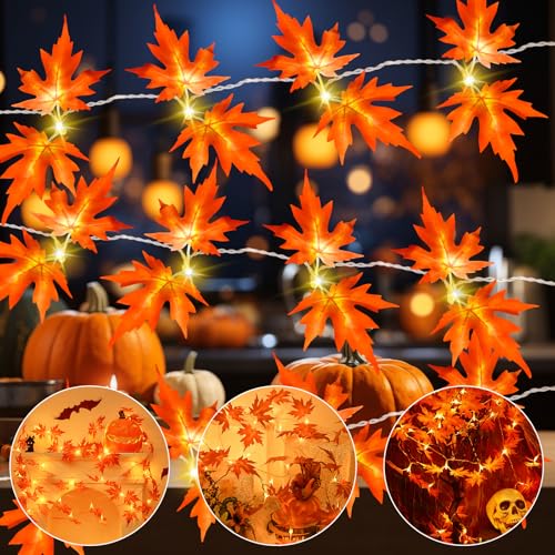 Gcstnn Herbst Dekoration Lichterkette, 3M 20LED Ahornblätter Lichterkette Batteriebetrieben mit Timer, Künstliche Ahornblatt Herbst Girlande für Halloween,Herbst,Kürbis,Erntedankfest,Innen Außen Deko