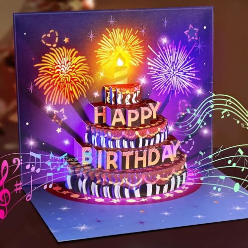 FITMITE Happy Birthday Geburtstagskarte Pop Up Kuchen Geburtstagskarten mit Musik und Licht 3D Feuerwerk Karte Geburtstag Geschenke für Frau Männer Freundin