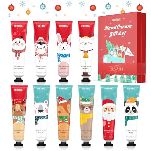 FURTIME Handcreme Mini Set, 10 Pack Handcreme Mini Weihnachten für Sehr Trockene Hände, Weihnachtsgeschenke, Kleine Geschenkset für Frauen und Männer, Hände Fuß Feuchtigkeitscreme