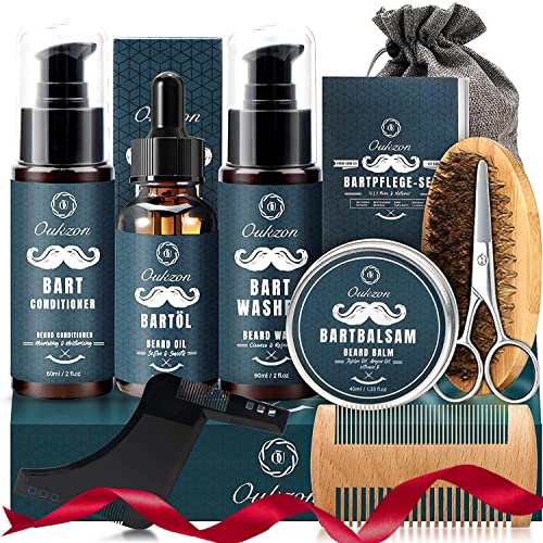 Bartpflege Set für Männer, Oukzon 10 in 1 Hochwertig Bart Geschenk für Ihn - 60ML Bartshampoo, 60ML Bart Conditioner, Bartöl, Bartbalsam, Bartkamm, Bartbürste, Bartschere, Bartschablonen, Reisetasche