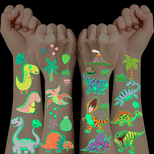 10er Dinosaurier Tattoo Kinder Jungen Mädchen, im Dunkeln Leuchten Dino Kindertattoos, Temporäre Tattoos Aufkleber Set für Mitgebsel Kindergeburtstag Spielzeug Füllung Schultüte Junge