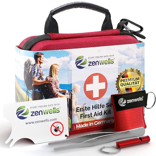 Kompaktes Erste Hilfe Set Outdoor - Fahrrad, Wandern Zubehör - Wasserdichtes First Aid Kit mit Beatmungsmaske, Zeckenkarte & Signalpfeife nach DIN 13167 für Camping und Abenteuer